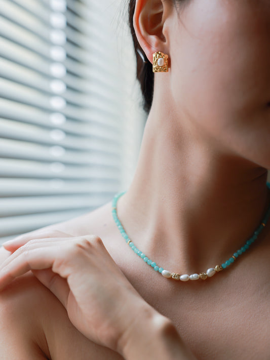 Baroque pearls, natural river stone, collar chain-Blue